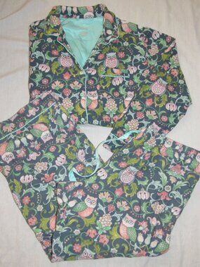 Vintage Nick & Nora Blue OWLS Tulip Floral Print Pajama Shirt & Pants Set XXL